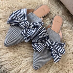 J. Crew Navy Striped Bow Mules